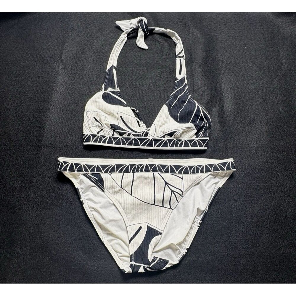 TRINA TURK Women 2 Piece Bikini‎ Swimsuit Triangle Ties Sz 10 Black White 3-45
